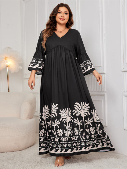 Plus Size Bohemian Maxi Dress with Bell Sleeves and Tribal Print