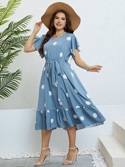 Charming Blue Polka Dot Midi Dress with Ruffle Hem & Tie Waist