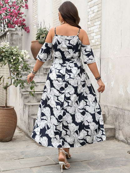 Chic Plus Size Cold Shoulder Floral Maxi Dress with Tie Waist