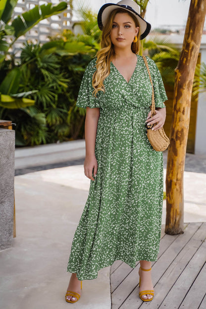 Effortless V-Neck Wrap Style Midi Dress with Designer Print - Leisure & Comfort