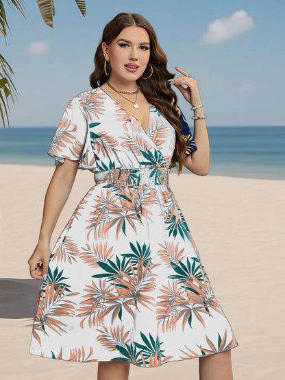 Tropical V-Neck A-Line Summer Dress with Leaf Print