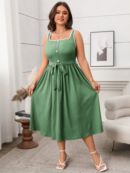 Plus Size Soft & Comfortable Button-Front Midi Dress with Tie Waist - Available in 2 Colors