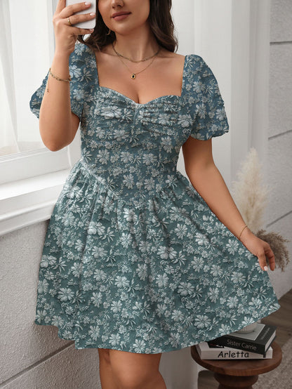 Plus Size White Puff Sleeve Mini Dress – Textured Floral Fabric, Sweetheart Neckline, Romantic Fit