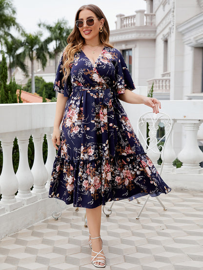 Plus Size Navy Floral Midi Dress – Elegant Wrap Style with Ruffle Hem and Waist Tie