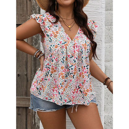 Sweet Floral Print V-Neck Blouse with Ruffle Sleeves - Summer Essential