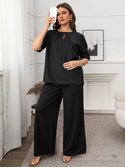 Effortless Black Two-Piece Top & Wide-Leg Pants Set - Comfortable & Chic