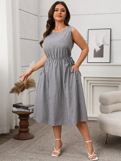 Plus Size Striped Sleeveless Midi Dress with Pockets - Soft & Comfortable in 2 Colors