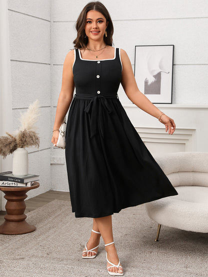 Plus Size Soft & Comfortable Button-Front Midi Dress with Tie Waist - Available in 2 Colors