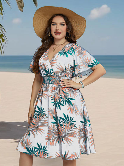 Tropical V-Neck A-Line Summer Dress with Leaf Print